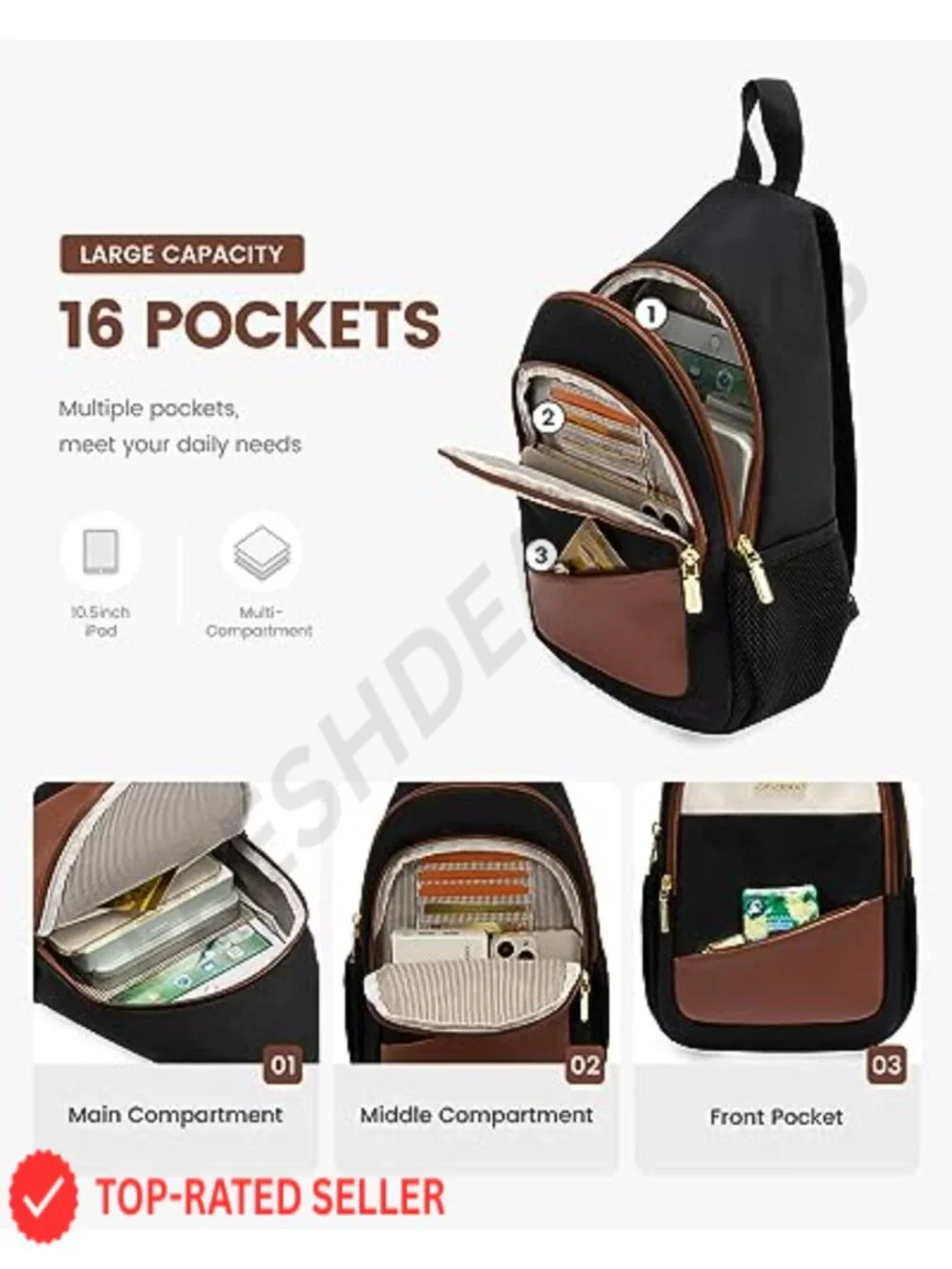 Convertible Sling Backpack for Women, Water-Resistant Travel Crossbody with 16